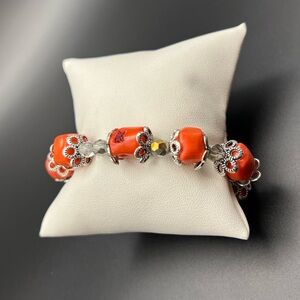Elegant Silver tone and Red corals Bracelet with clear crystal spacers